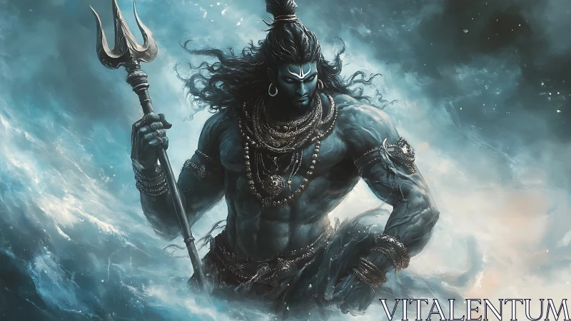 Blue-skinned warrior figure with trident in turbulent mist