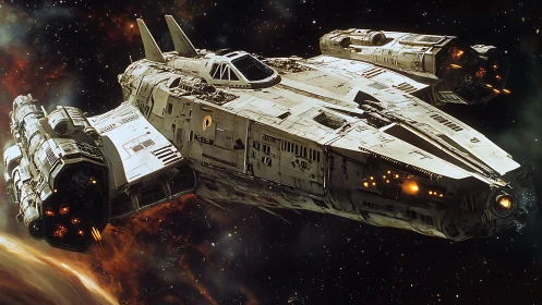 Massive starship cruises through a glowing deep space nebula