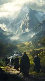 Cloaked figures walking toward distant mountain fortress.