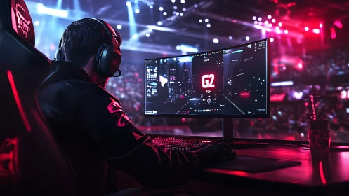 Esports pro at ultrawide RGB battlestation in arena-scale lighting