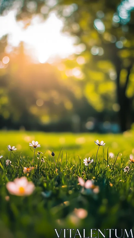 Spring wildflowers in grass with soft backlit glow.