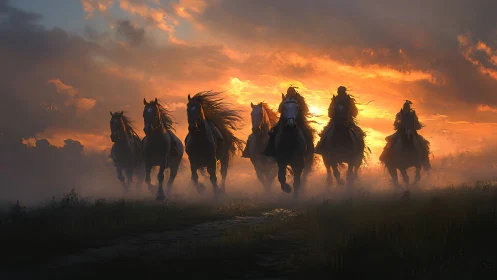 Wild horses thunder across a misty plain at burning sunset