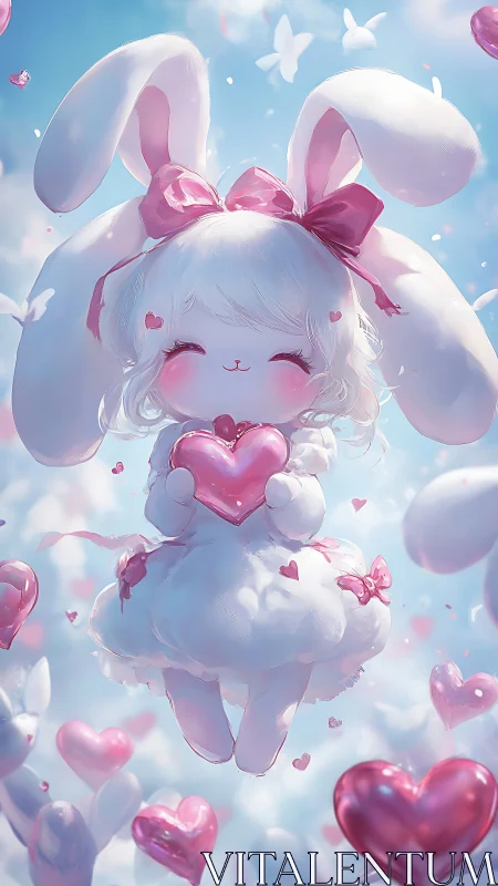 Aerial heart-bunny character in soft volumetric lighting field.