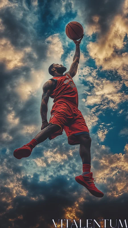 Soaring basketball player reaching for the rim in sunset sky.