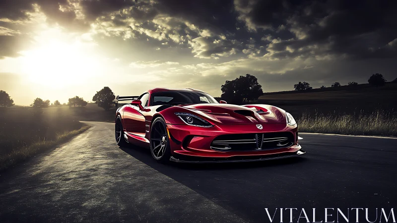 Red performance coupe is parked on a rural roadway