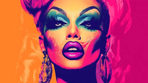 Bold pop art portrait with neon makeup and earrings.