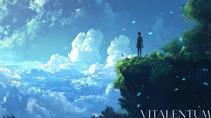 Solitary figure on cliff edge above expansive blue sky.