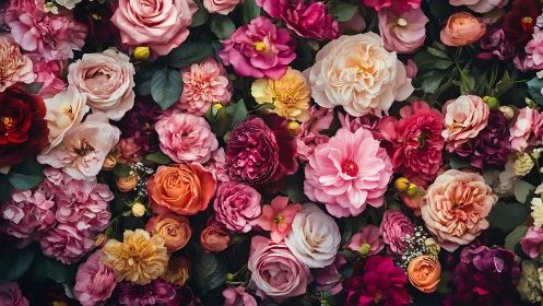 Vibrant Floral Garden: Pink, Blush, Gold Roses and Peonies.