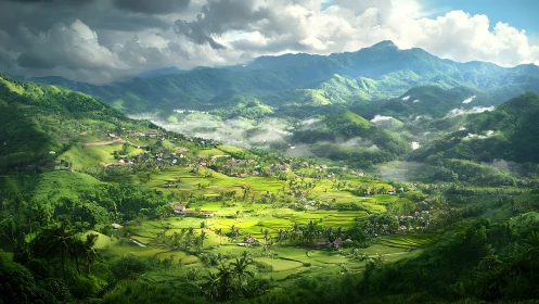 Sunlit terraced rice valley with scattered rural village houses