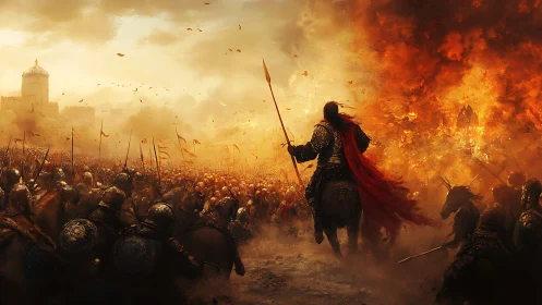 Armored cavalry commander advances into inferno-lit siege line