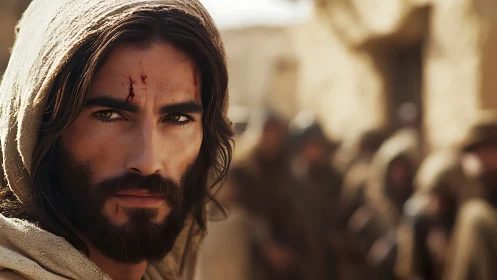 Hooded man with facial wounds stands before blurred crowd.