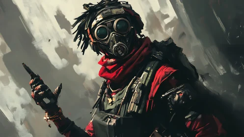 Post-apocalyptic scout in red scarf with gas mask gear.