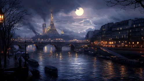 Moonlit Paris riverfront glows beneath brooding storm clouds