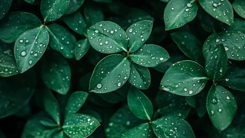 Emerald foliage layered with fresh morning raindrops.