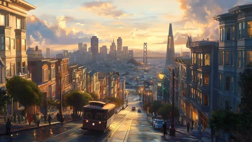 Cable car glides through sunlit hills as the city shimmers