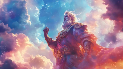 Celestial storm god rising within prismatic ethereal clouds.