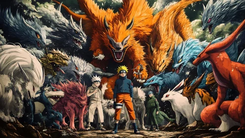 Tailed beasts encircle determined heroes amid roaring chakra storm