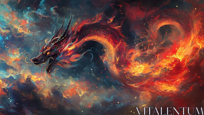 Celestial fire dragon twists galaxies into blazing ribbons