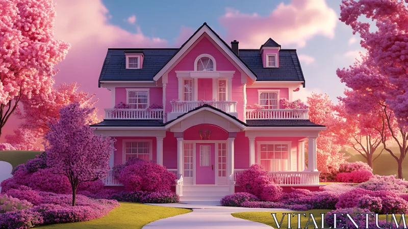 Pink two story house with manicured garden in soft light.