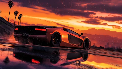 Sunset rain chase with a glowing supercar on wet highway.