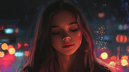 Cinematic neon-lit digital portrait of woman with closed eyes