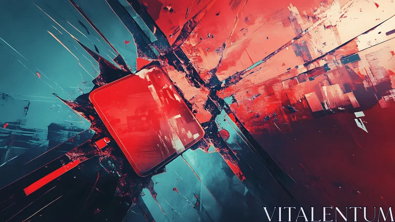 Red glass panel shatters through teal digital space