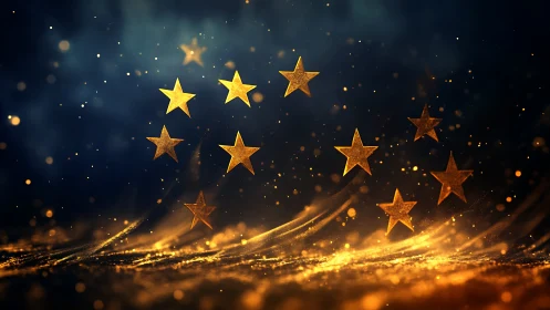 Luminous golden stars in dynamic bokeh particle field composition.