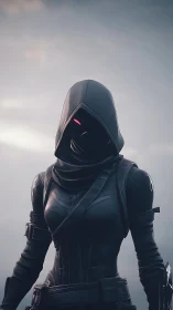 Cyber assassin in tactical hooded suit under storm sky.