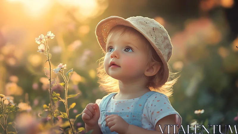 Young child in meadow examining delicate wildflowers