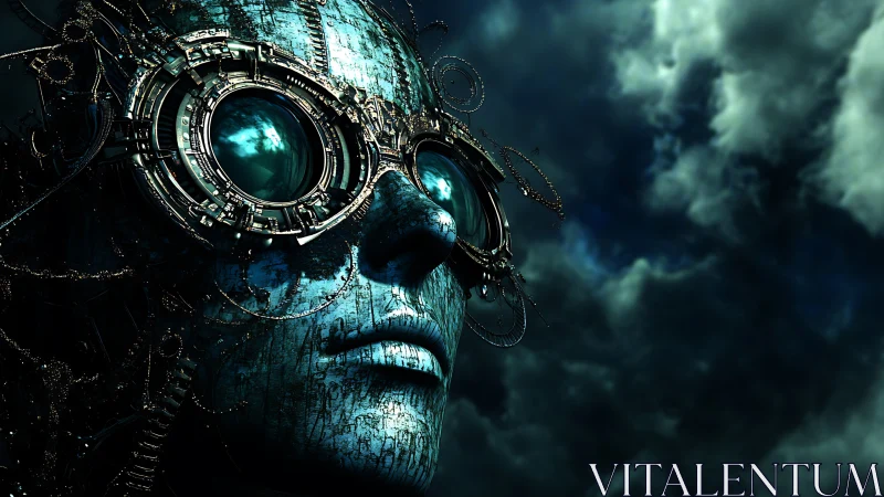 Cybernetic visage peers through stormlit mechanized goggles.