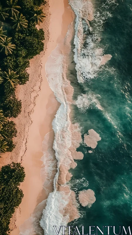 Tropical shoreline captures teal surf and coral sand glow.