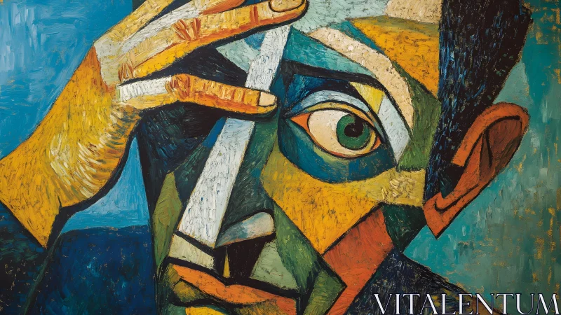 Cubist portrait of a pensive man with hand on face, vibrant colors.