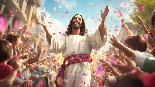 Messianic figure greeted by jubilant crowd under falling petals