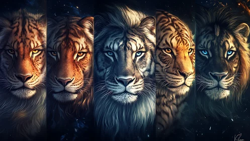 Five Majestic Big Cats Gaze Boldly from Starlit Darkness