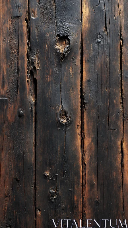 Charred vertical wooden planks with knots and surface wear.