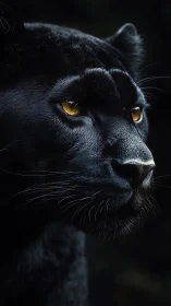 Black Panther Portrait with Golden Eyes Against Dark.