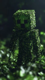 Pixel creeper stalks lush jungle in moody green light.