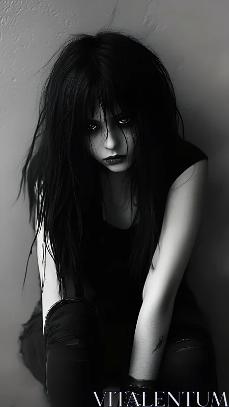 High-contrast monochrome portrait of goth girl with intense gaze