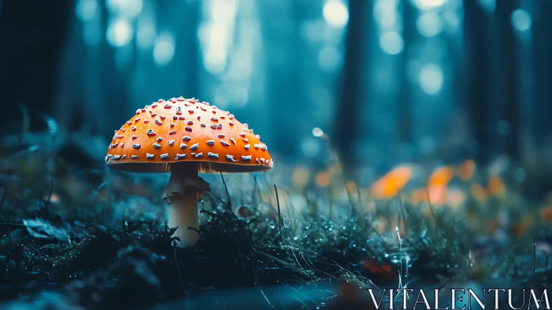 Forest lantern mushroom glows softly in blue dusk mist