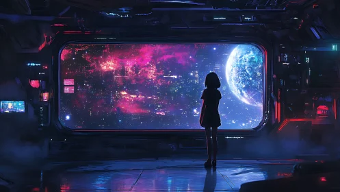 Girl silhouetted in starship window facing glowing planet.
