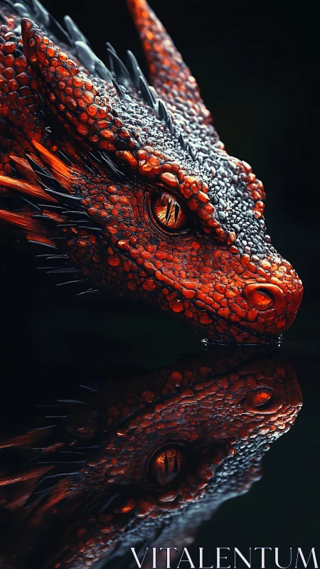 Glimmering ember dragon gazing softly at its reflection.