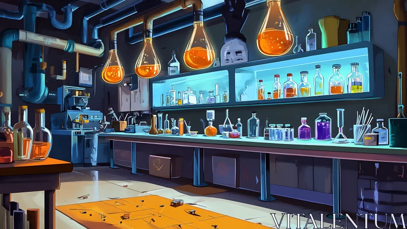 Cozy alchemist’s lab glowing with colorful glass potions.