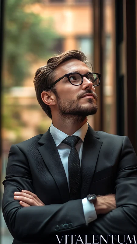 Confident young professional gazes upward in a tailored suit