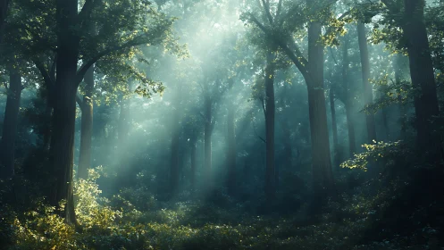 Misty Forest Pathway Through Ancient Trees.