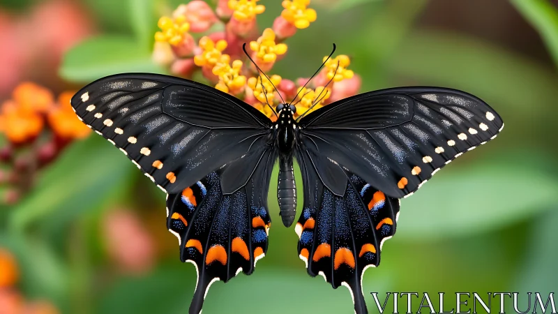 Midnight butterfly rests softly on vivid garden blooms