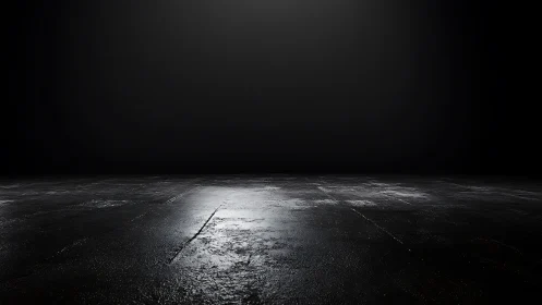 Gleaming concrete soundstage floor recedes into voidlike black