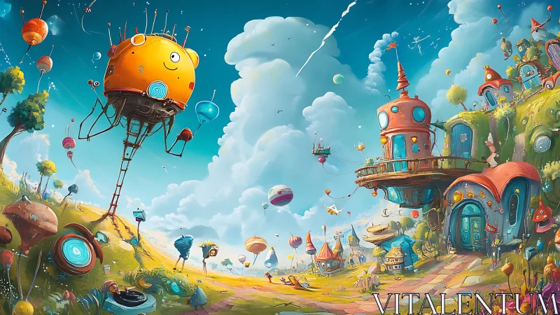 Whimsical floating village with smiling orange airship.