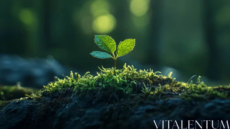 Young Seedling on Moss: Macro Botanical Study with Shallow Depth.