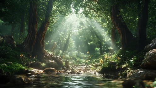 Luminescent forest stream with cathedral canopy effect.