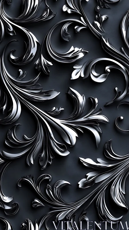 Chrome baroque floral scrollwork over matte charcoal ground.